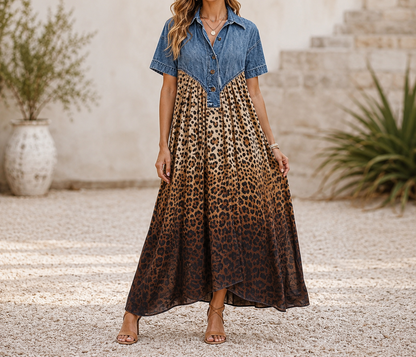 Robe Longue Denim & Léopard Élégance