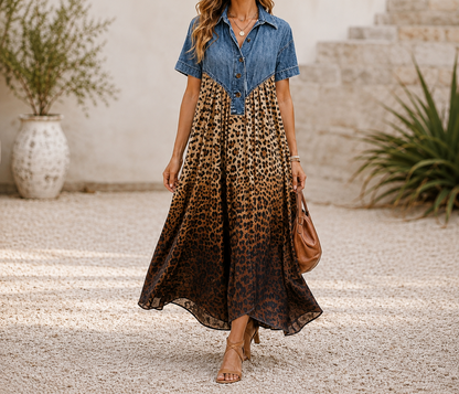 Robe Longue Denim & Léopard Élégance