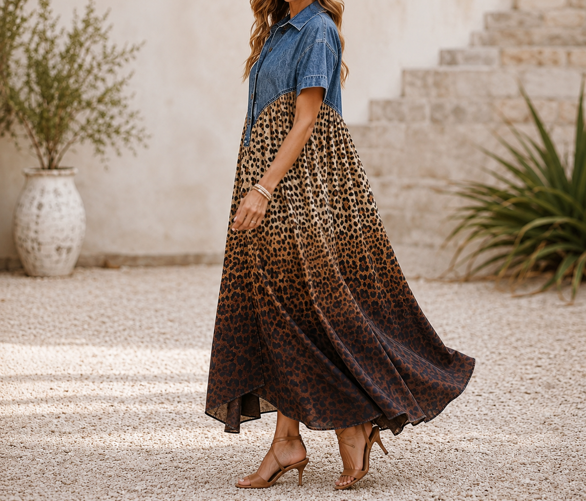 Robe Longue Denim & Léopard Élégance