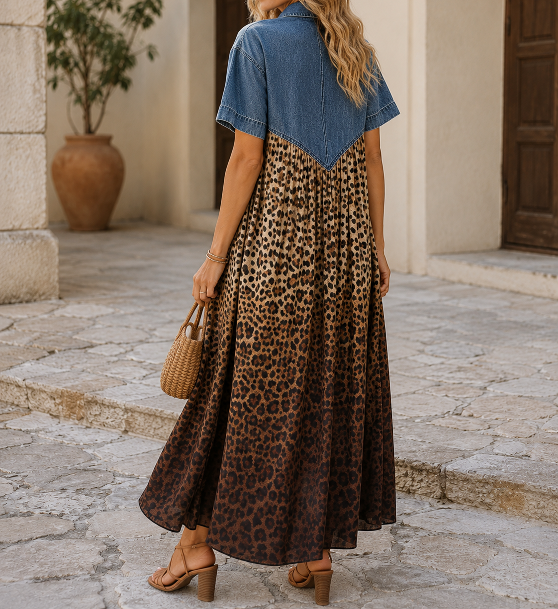 Robe Longue Denim & Léopard Élégance